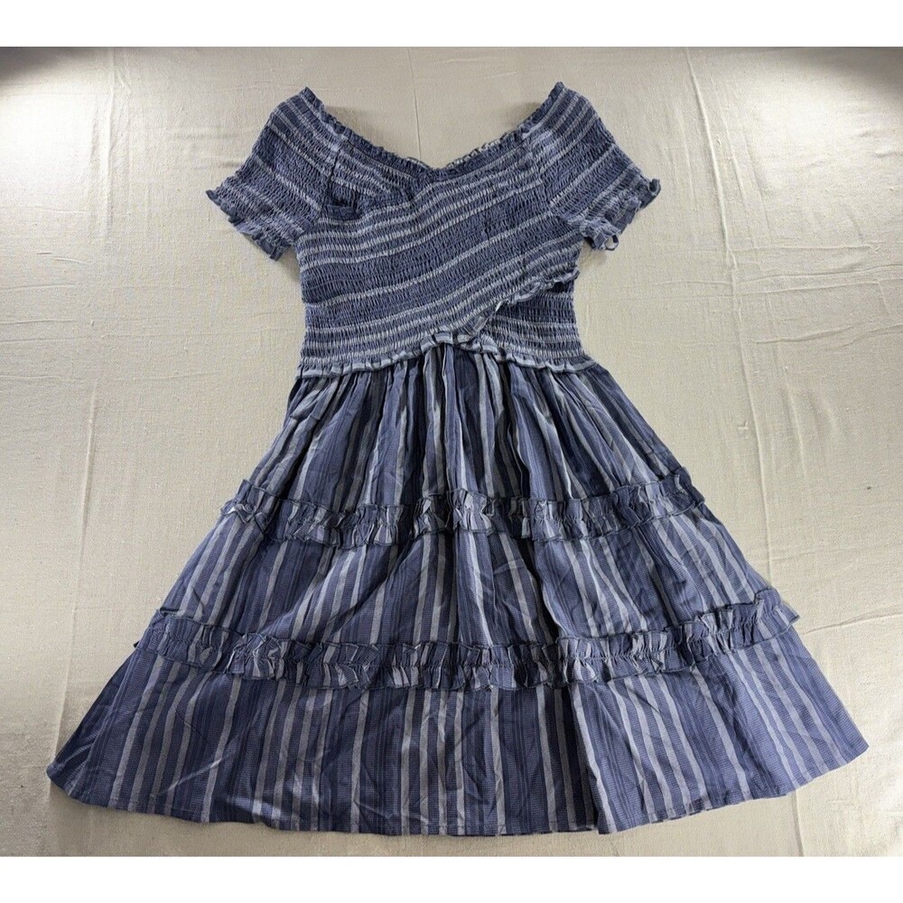 Japna Blue White Striped Smocked Criss Cross Bodice Tiered Ruffle Mini Dress
